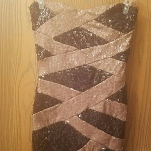 Formal, strapless, black & gold sequined mini dres